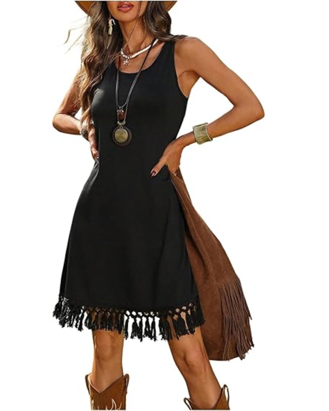 104 Verdusa Women's Western Fringe Tank Dresses Black Sleeveless Short Summer Dress - Image 1