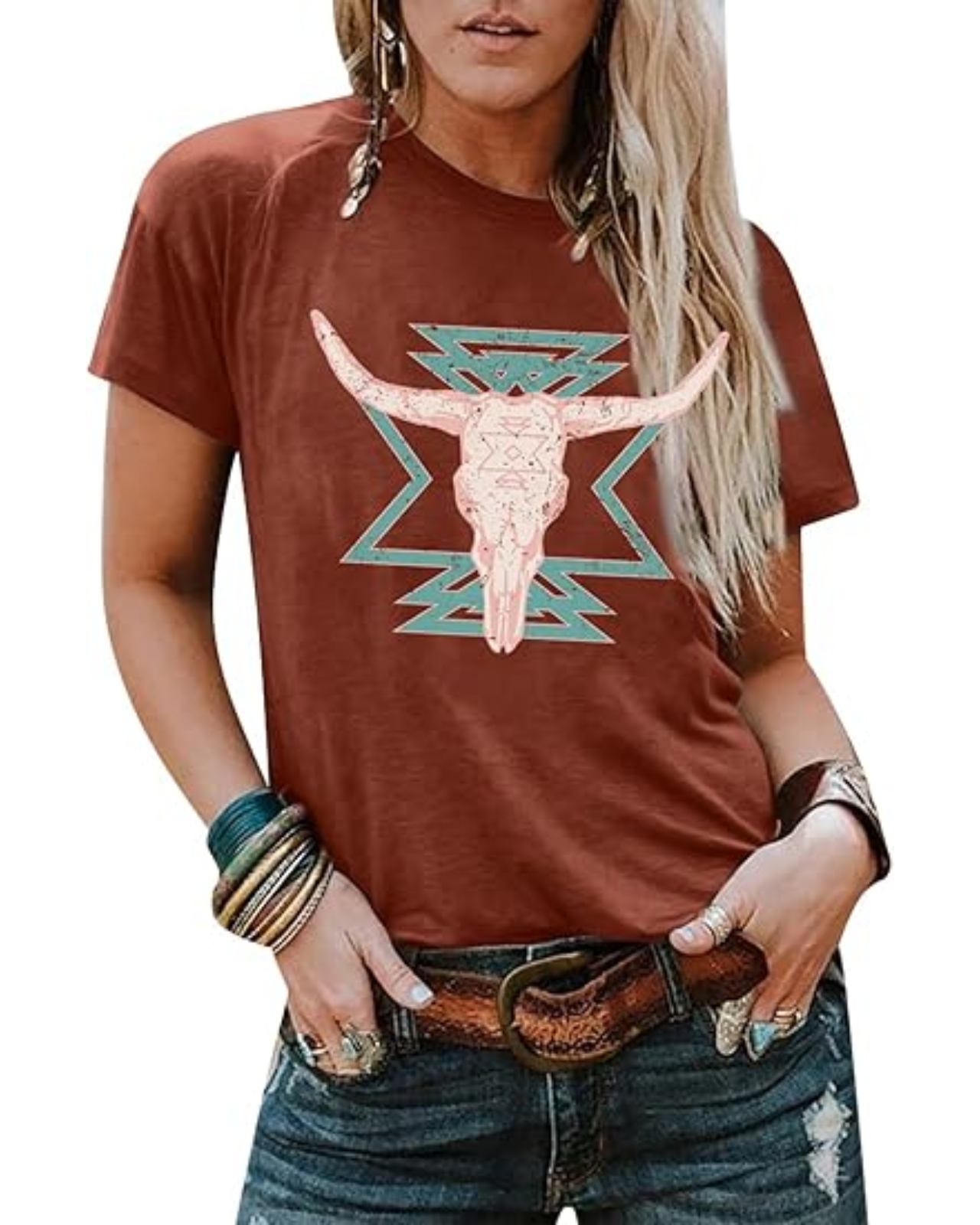 123 Western Shirts for Women Vintage Cow Skull Graphic Tshirts Casual Cowgirl Short Sleeve Tee Top - Image 1