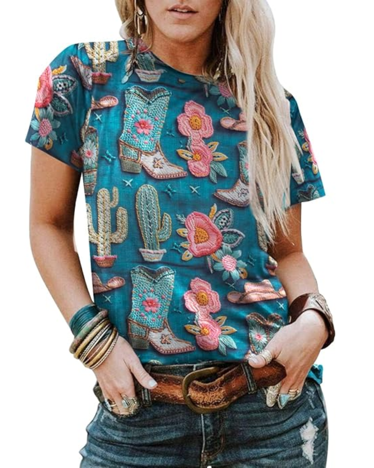 161 Boho Western Cowgirl Shirts for Women: Vintage Western Rodeo Graphic Tee Cowgirl 3D Digital Printing Short Sleeve Tops - Image 1