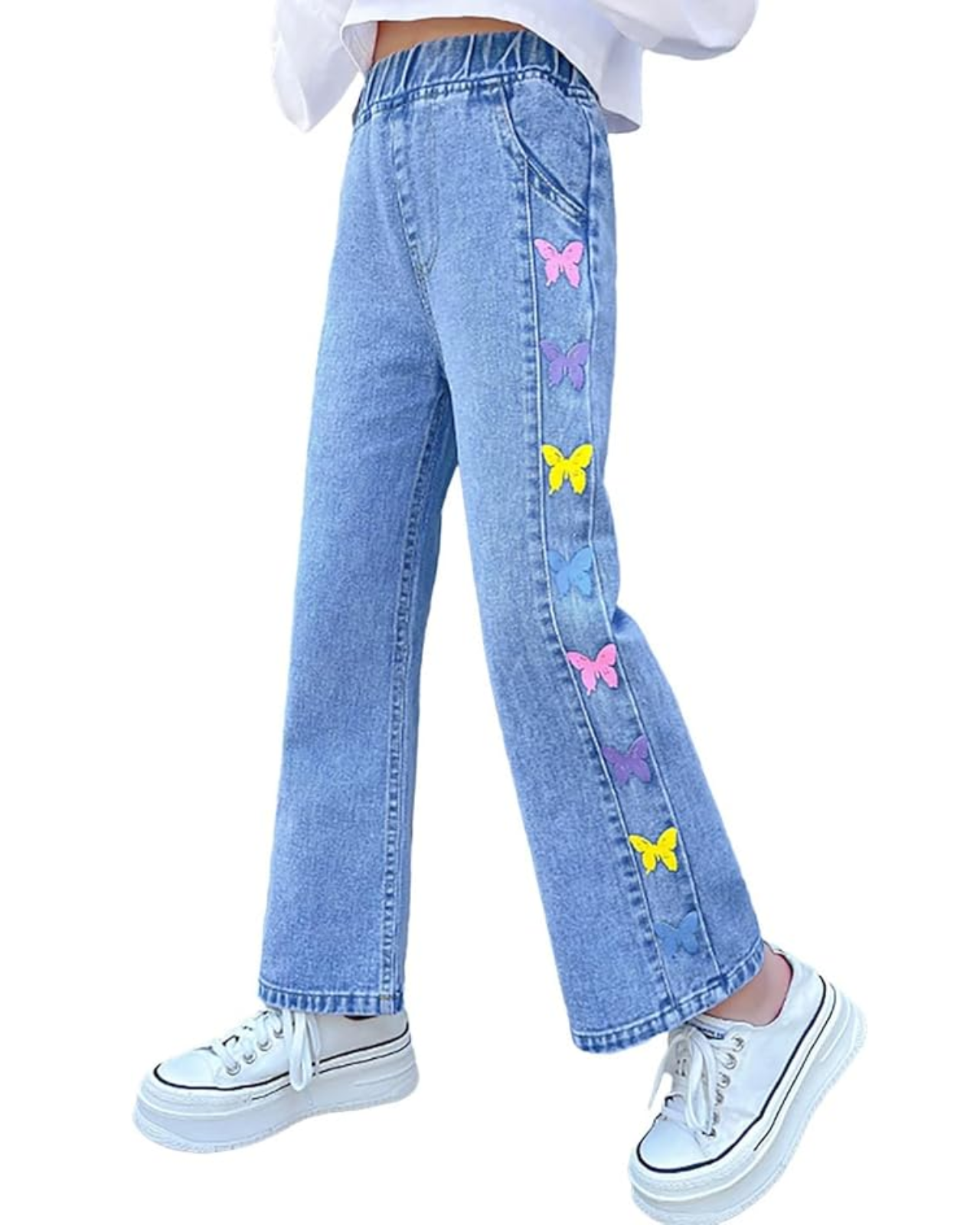 192 Rolanko Girls Jeans Denim Elastic Wasit Wide Leg Baggy Pants Kids Clothes 4-14 Years - Image 1