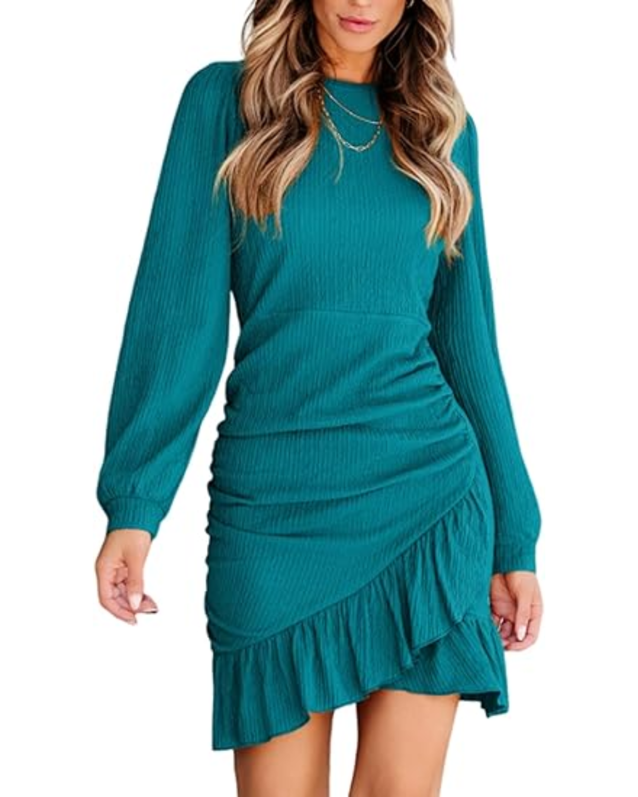89 CUPSHE Women Knit Ruched Fall Dress Teal Smocked Ruffle Hem Crew Neck Long Sleeve Bodycon Sexy Casual Holiday Mini Dress - Image 1